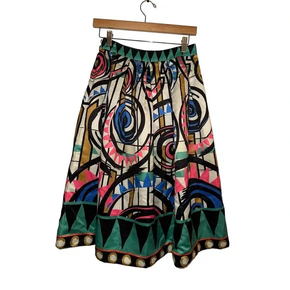 Champagne & Strawberry Cream & Green Abstract A-Line Skirt Size Small - Picture 4 of 5